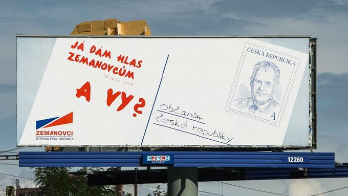 Billboard SPOZ s podobiznou prezidenta Zemana.