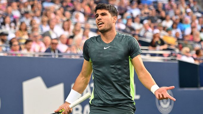 Aug 11, 2023; Toronto, Ontario, Canada; Carlos Alcaraz (ESP) reacts after missing a shot played by Tommy Paul (USA) (not pictured) during quarter finals play at Sobeys St