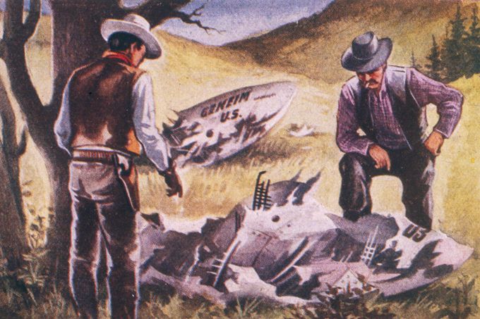 Nález trosek „disku“ u Corony, Nové Mexiko, červen–červenec 1947; později vysvětleno jako balón s radarovým terčem Project Mogul. Ilustrační dobová malba.