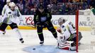 Jan 25, 2015; Columbus, OH, USA; Team Toews goaltender Corey Crawford (50) of the Chicago Blackhawks makes a save as Team Foligno forward Radim Vrbata (17) of the Vancouv