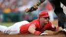 July 25, 2019; Anaheim, CA, USA; Los Angeles Angels center fielder Mike Trout (27) reaches third on a passed ball by Baltimore Orioles relief pitcher Jimmy Yacabonis (31)