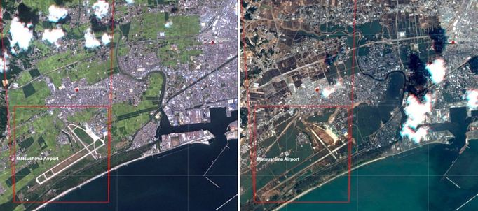 Lokalita Higašimacušima na satelitním snímku z 5. března 2011 a 12. března 2011.