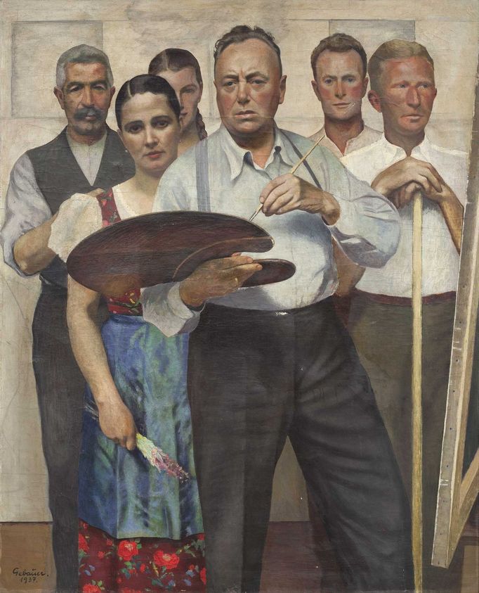 Paul Gebauer: Portrét s blízkými, 1937, olej, plátno, 130 × 106 cm,
Slezské zemské muzeum