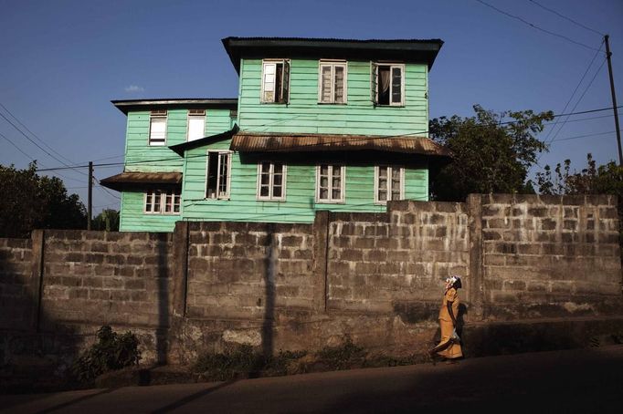 Painted wooden planks cover facade of traditional colonial-era Board House on King Street in Sierra Leone's capital Freetown