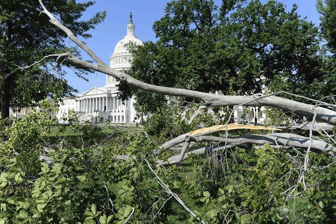 Storm-damaged trees litter the east lawn of the U.S. Capitol in Washington June 30, 2012. Wind gusts clocked at speeds of up to 79 mph were reported in and around the U.S. capital, knocking out power to hundreds of thousands of homes in the Washington, D.C., area. REUTERS/Jonathan Ernst (UNITED STATES - Tags: ENVIRONMENT SOCIETY) Published: Čer. 30, 2012, 1:50 odp.