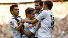 Borussia Mönchengladbach's Korb, Hahn, Nordtveit and Kruse celebrate a goal against Hoffenheim during the Bundesliga first division soccer match in Moenchengladbach