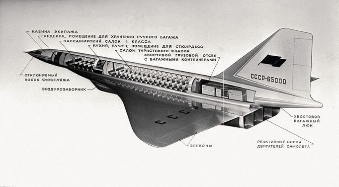 Nadzvukový letoun Letoun Tupolev 144 z éry SSSR.