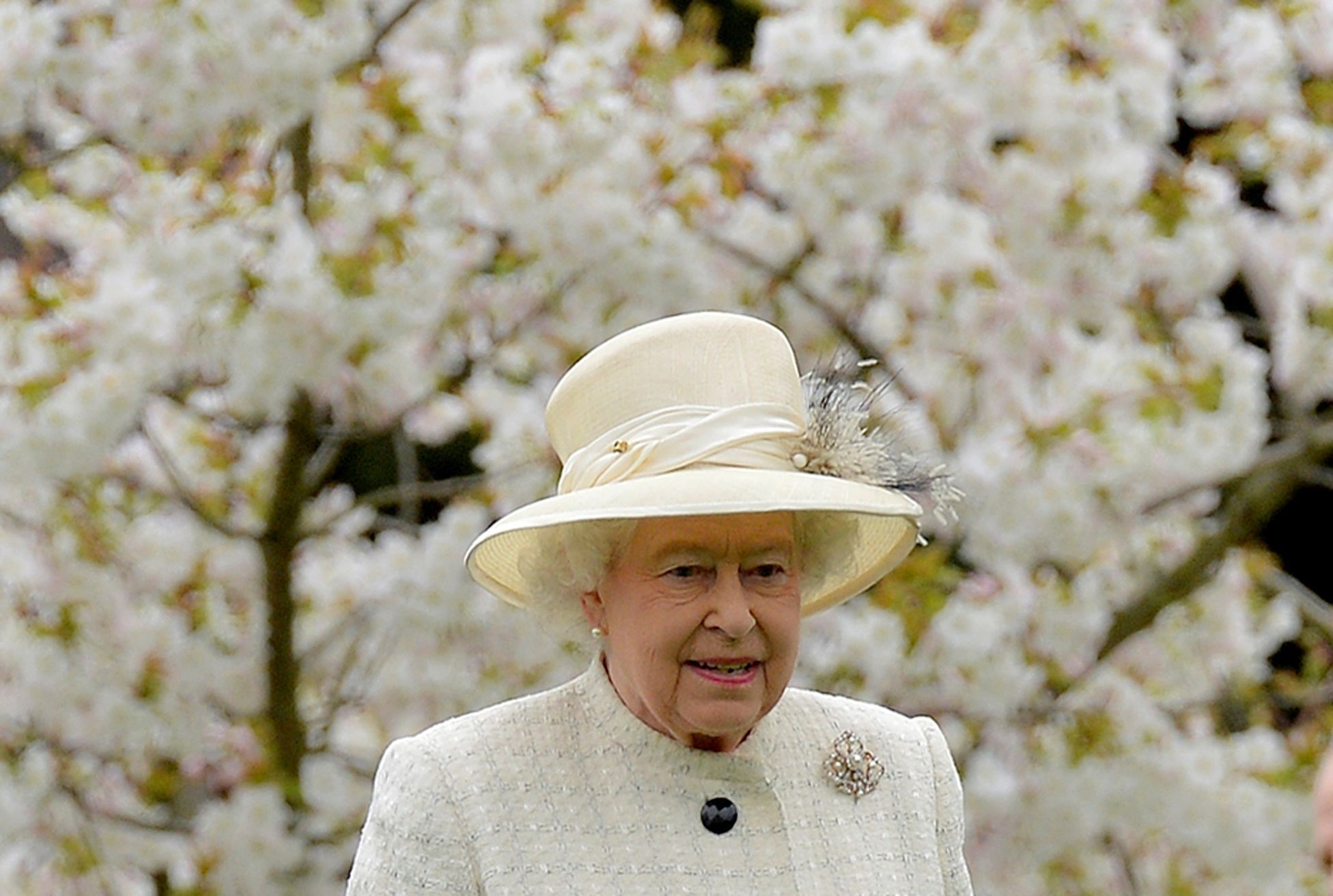FILE PHOTO: Britain's Queen Elizabeth walks amongst spring blossom and flowers as she arrives to attend the unveiling of the Windsor Greys statue in Windsor