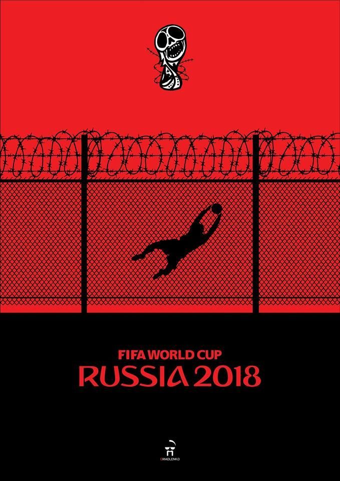 Plakáty odsuzující MS ve fotbale v Rusku