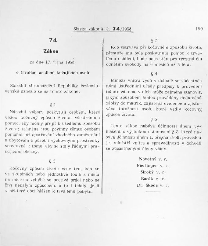 Reprofotografie části listiny Zákona ze dne 17. října roku 1958 o trvalém usídlení kočujících osob.