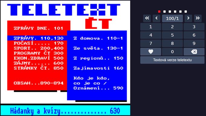 Hlavní stránka teletextu České televize.