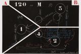 Černá partitura pro 3 aristony a 1 malý ariston, 1968, metronom, hodinky, šablony, hrací vlček, plech, tempera, voskové křídy, papír.