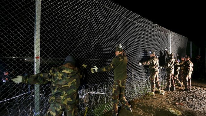 Maďarští vojáci opravují plot na hranicích mezi Maďarskem a Chorvatskem.