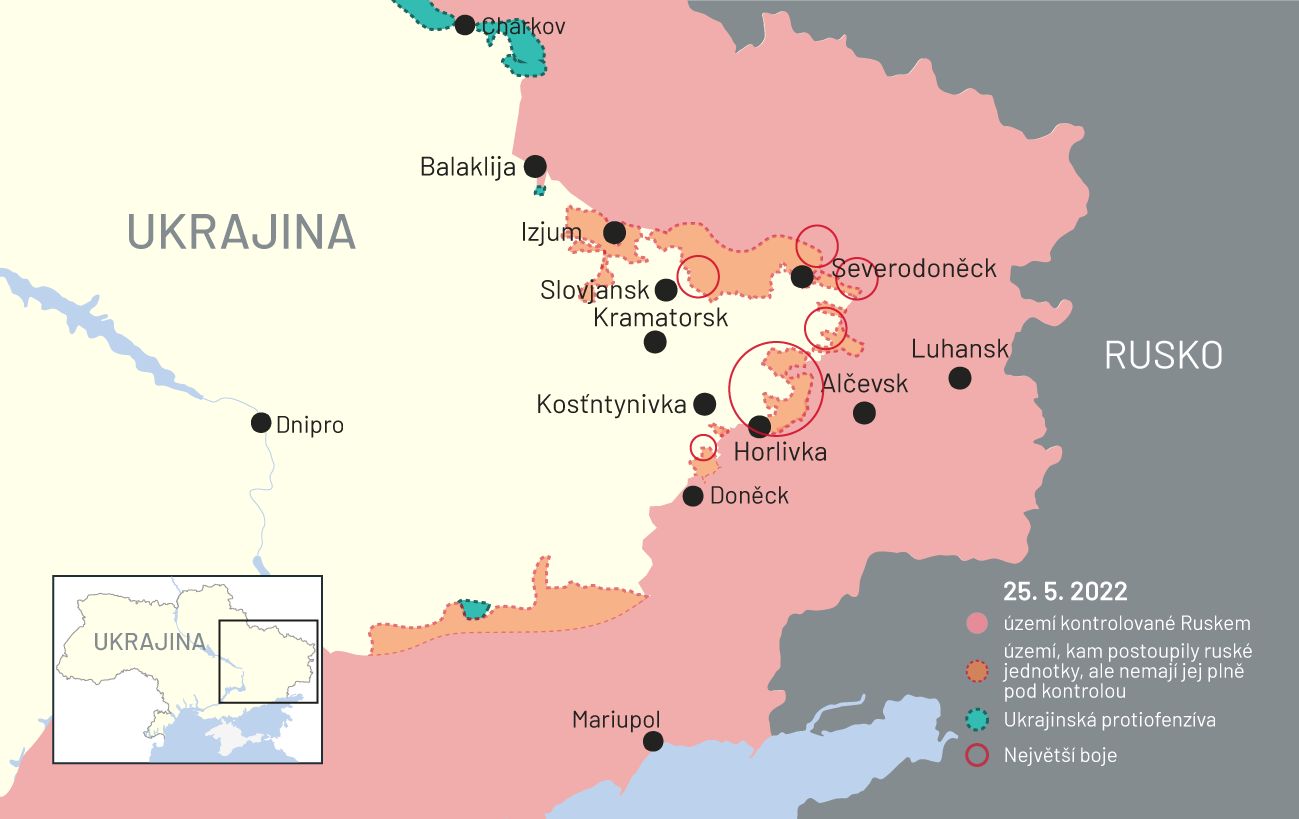 25. květen 2022: Mapa bojů na Ukrajině