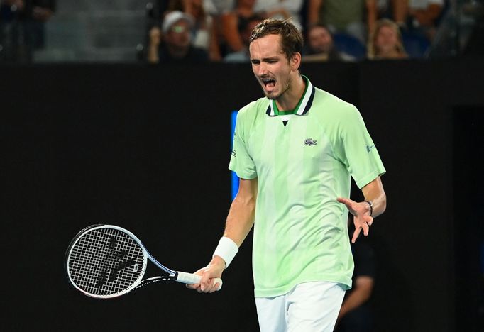 Tennis - Australian Open - Men's Singles Final - Melbourne Park, Melbourne, Australia - January 31, 2022 Russia's Daniil Medvedev reacts during the final against Spain's