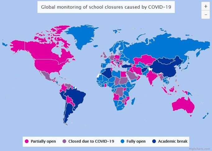 Jak jsou na tom školy na světě na začátku února? Růžová barva značí částečné uzavření, fialová kompletní, světle modrá že jsou otevřené a tmavě modrá, že jsou prázdniny.