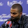 San Antonio Spurs' Tony Parker reacts as he speaks to the me