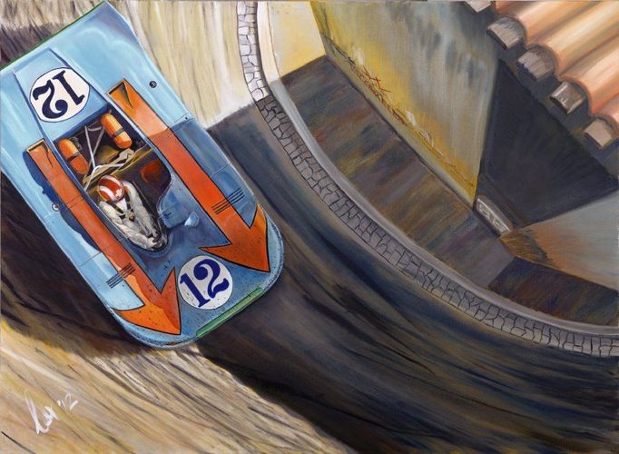 ... výsledkem je dynamická malba sportovního Porsche 908/3,  který Jo Siffert a Brian Redman dovezli v roce 1970 k vítězství v legendárním závodě Targa Florio.