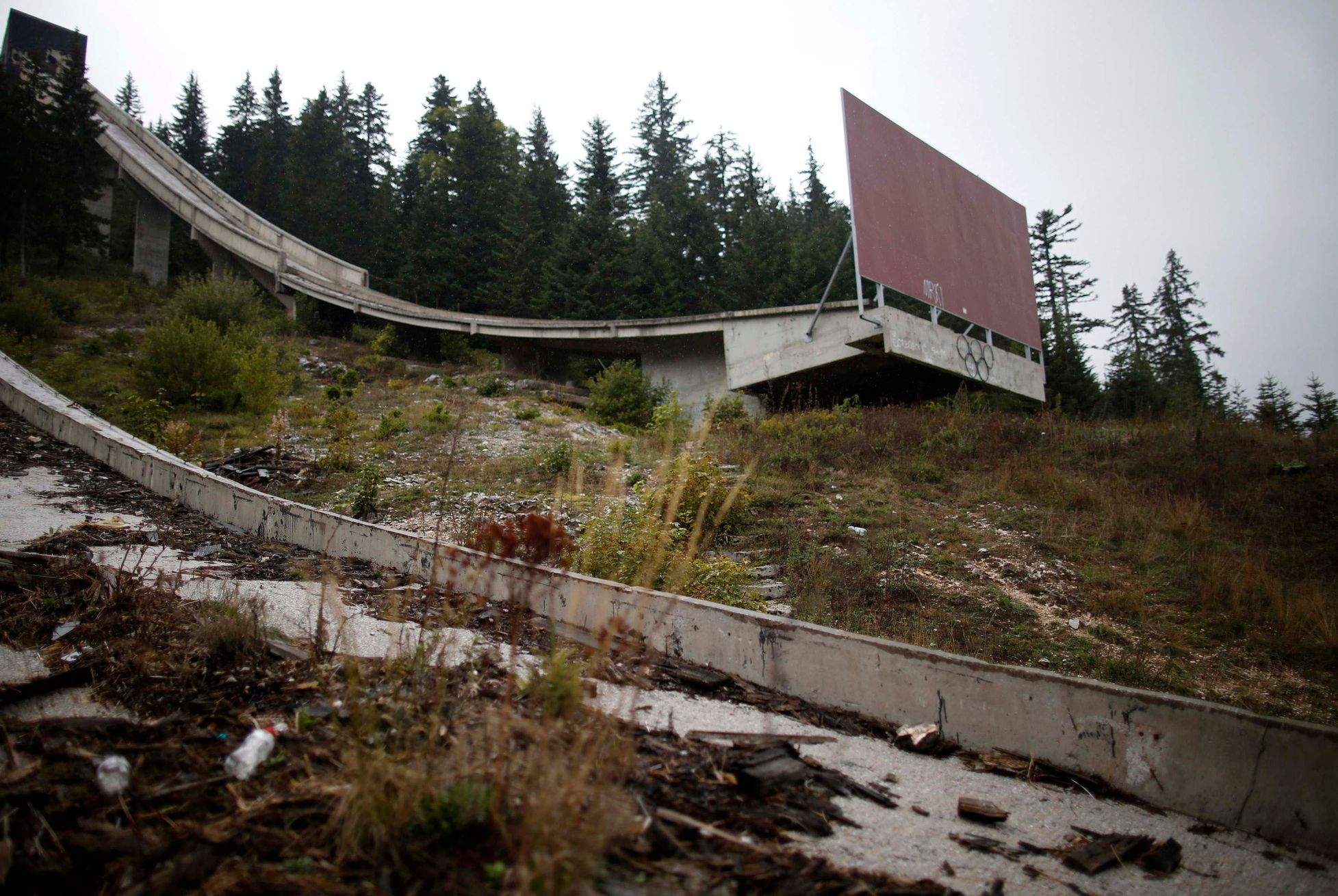 The Olympic Rings are seen on the disused ski jump from the Sarajevo 1984 Winter Olympics on Mount Igman, near Saravejo