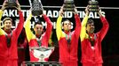 Tennis - Davis Cup Finals - Final - Caja Magica, Madrid, Spain - November 24, 2019   Spain's Rafael Nadal and captain Sergi Bruguera lift their trophies with team mates a