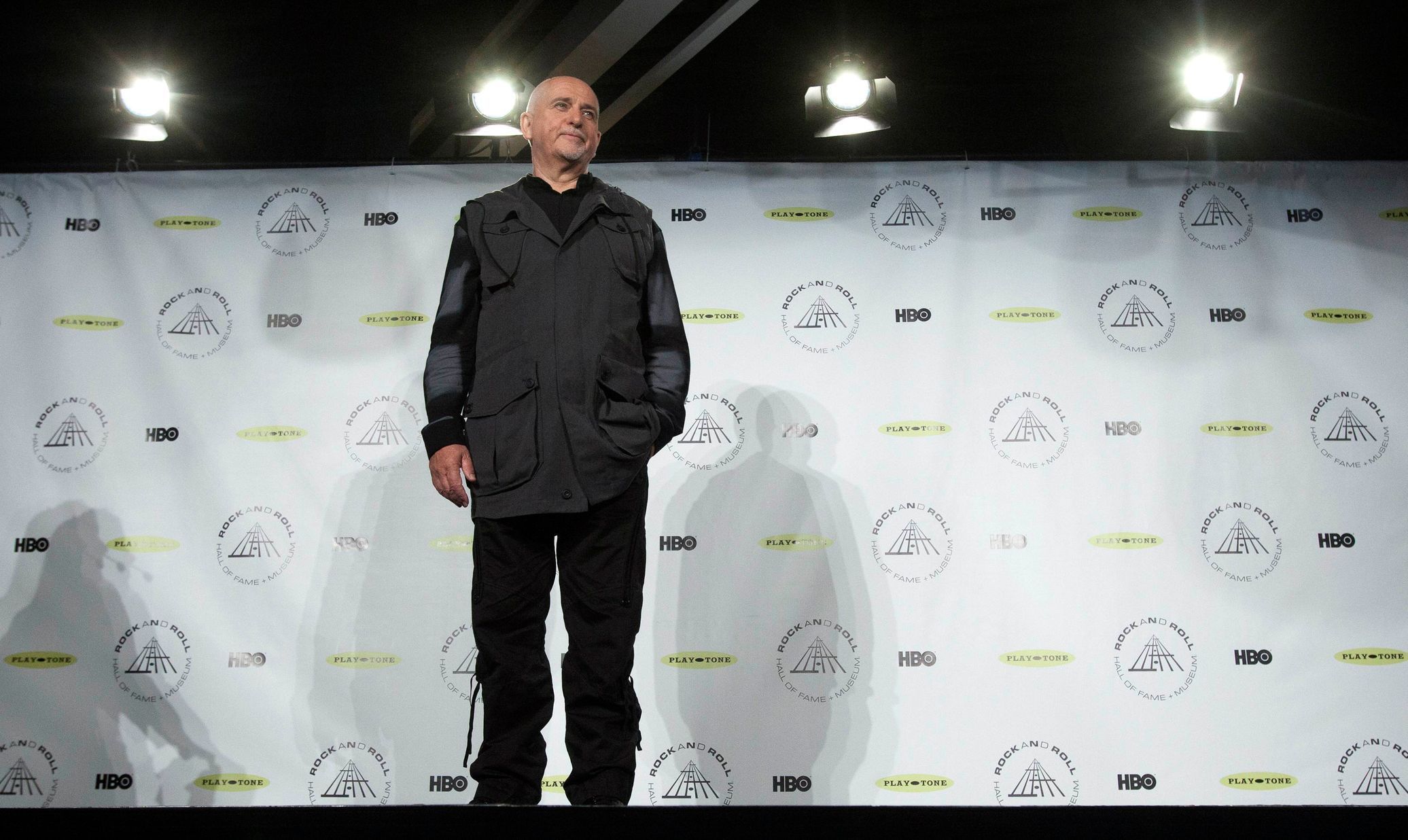 Rock and Roll Hall of Fame Inductee Peter Gabriel poses for photos backstage after the ceremony in Brooklyn, New York