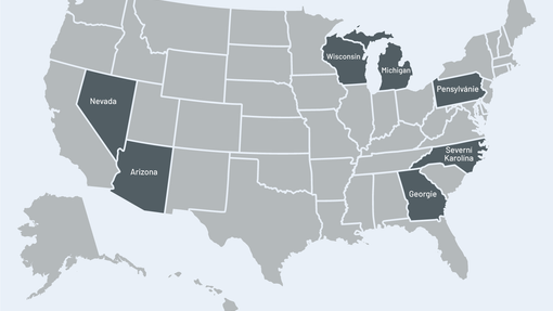 Mapa ukazuje sedmičku takzvaných swing states - klíčových států, které rozhodnou o výsledku amerických voleb.