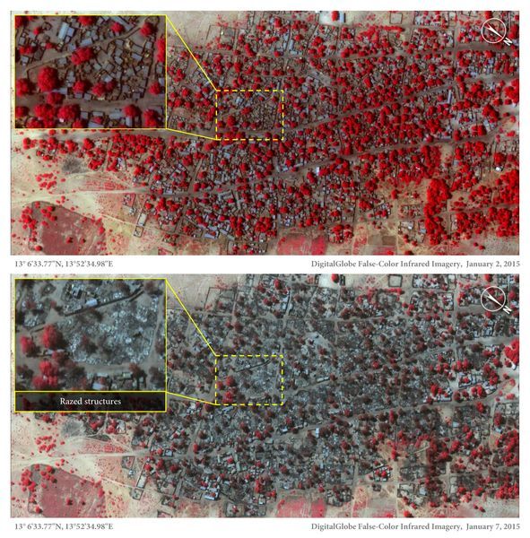 Satelitní snímky vesnic, na které zaútočila Boko Haram
