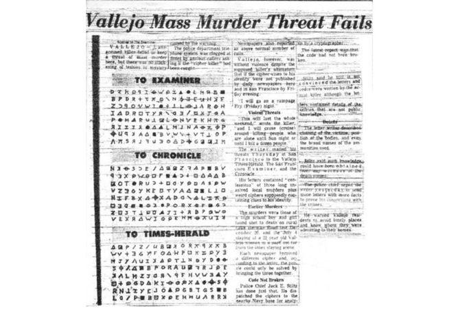 Novinová stránka deníku Vallejo Times-Herald ze srpna 1969 ukazuje části šifry Z-408, kterou vrah Zodiac zaslal třem redakcím v oblasti San Francisco Bay Area.
