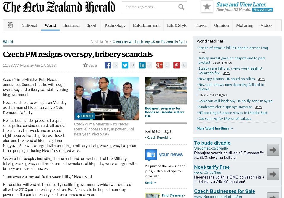 Nečas - rezignace - New Zealand Herald