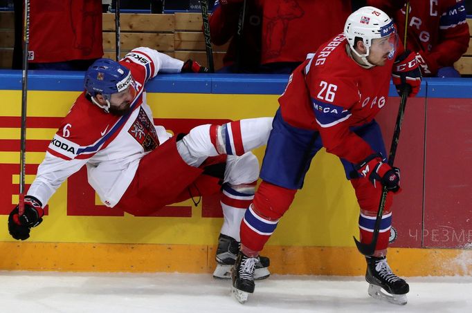 Czech Republic's Michal Kempny in action with Norway's Kristian Forsberg.