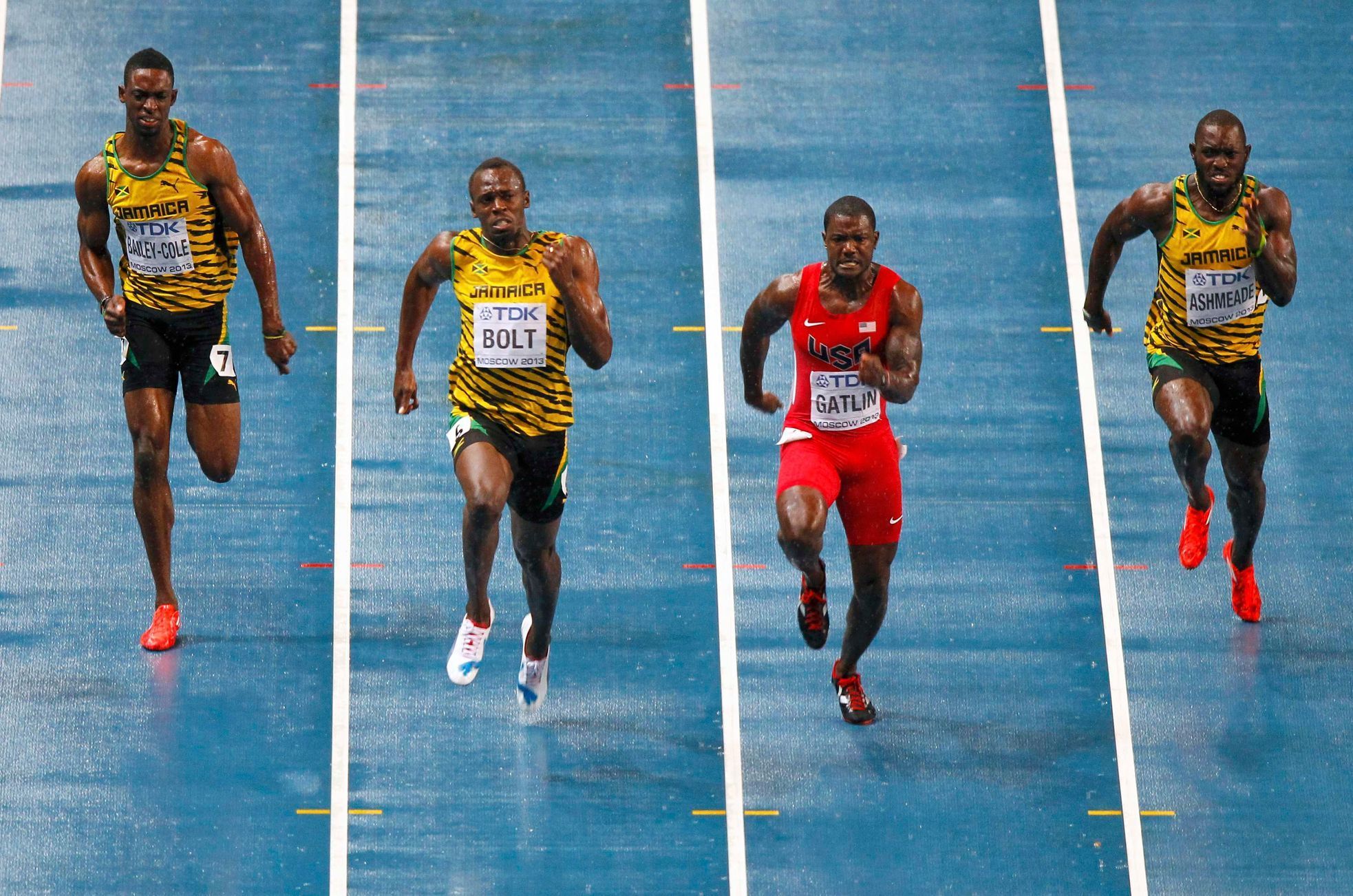 MS v atletice 2013, 100 m - finále: Kemar Bailey-Cole, Usain Bolt, Justin Gatlin a Nickel Ashmeade