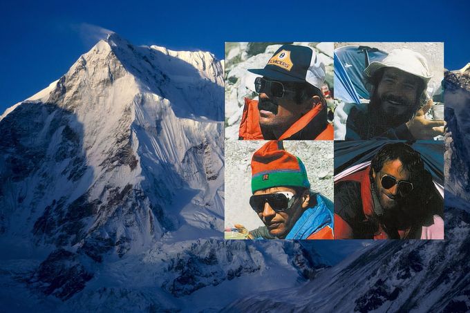 Slovenská čtveřice zleva: Peter Božík, Jozef Just, Dušan Becík a Jaroslav Jaško. Ilustrační koláž s pozadím hory Mt. Everest.