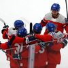 Češi slaví gól v zápase Česko - Švýcarsko na ZOH 2022 v Pekingu