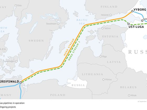 Karte der Gaspipeline Nord Stream 2.