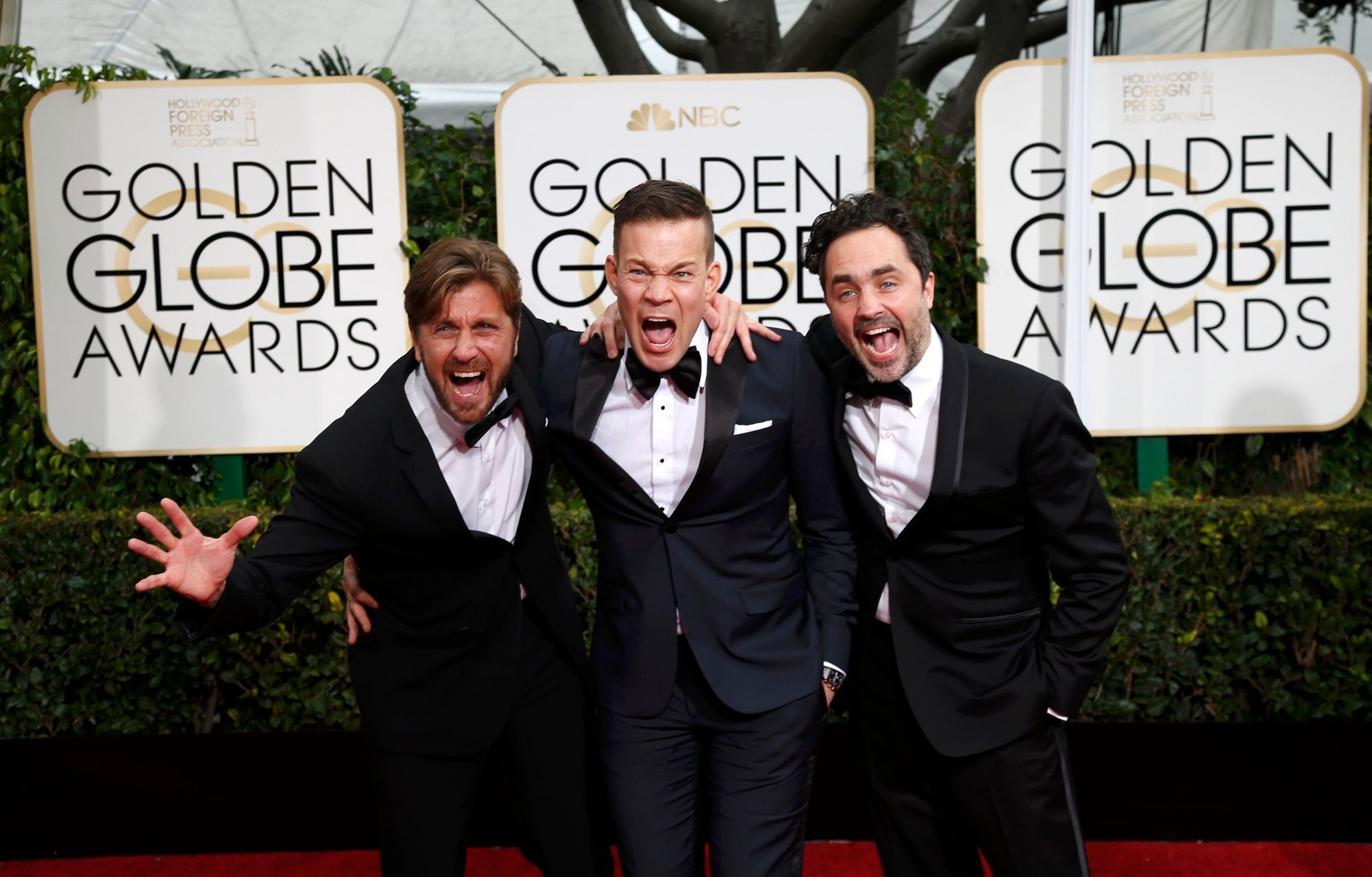 Swedish &quot;Force Majeure&quot; director Ostlund arrives with producers Bah Kuhnke and Hemmendorff at the 72nd Golden Globe Awards in Beverly Hills