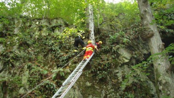 Hasiči zachraňovali houbařku, která byla zaklíněná mezi stromem a skalní stěnou.