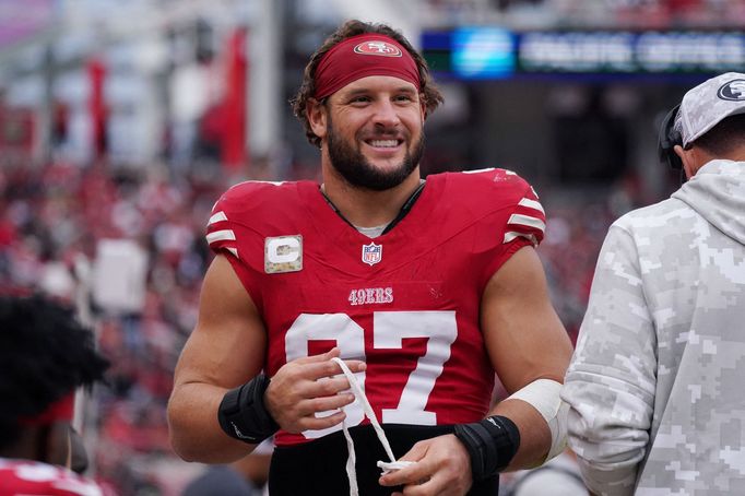 Nov 17, 2024; Santa Clara, California, USA; San Francisco 49ers defensive end Nick Bosa (97) waits on the sidelines against the Seattle Seahawks in the third quarter at L