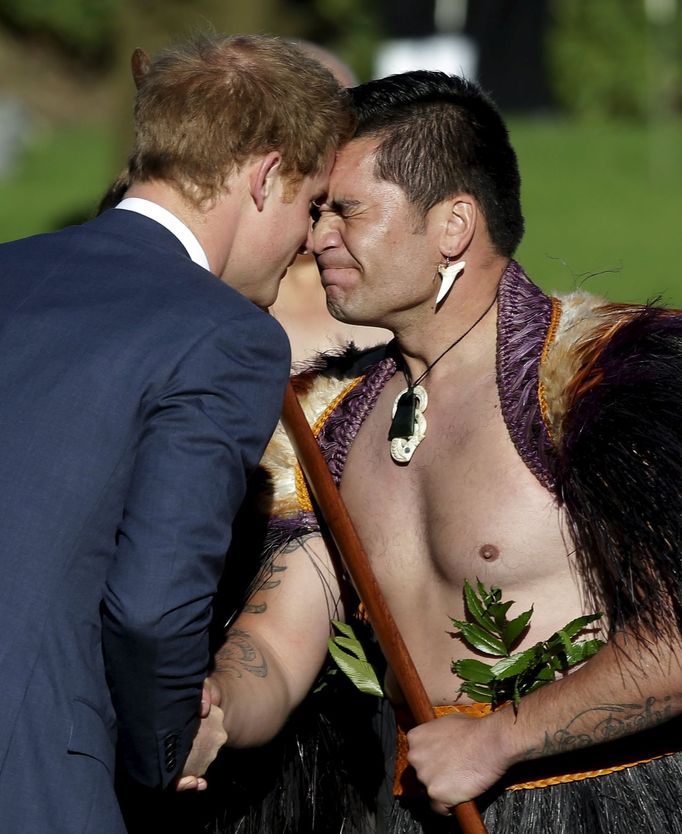 Britain's Prince Harry receives a hongi (traditional Maori greeting) from a Maori warrior during his official welcome at Government House in Wellington