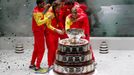 Tennis - Davis Cup Finals - Final - Caja Magica, Madrid, Spain - November 24, 2019   Spain's Rafael Nadal celebrates with the trophy and team mates after winning the Davi