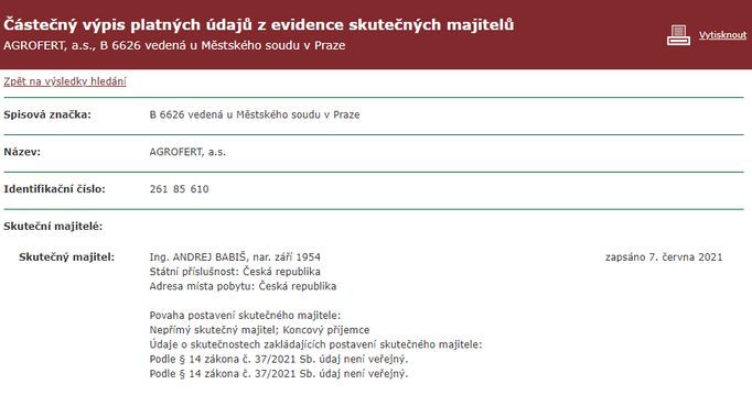 Předseda hnutí ANO Andrej Babiš v evidenci skutečných majitelů.