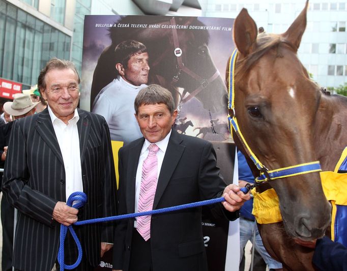 Český dostihový žokej Josef Váňa a jeho kůň Tiumen na premiéře dokumentárního filmu o své osobě.