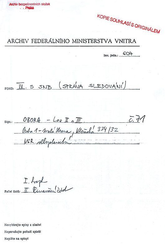 Dokument StB o sledování německé ambasády