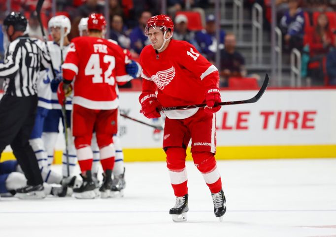 Filip Zadina v přípravném utkání za Detroit.