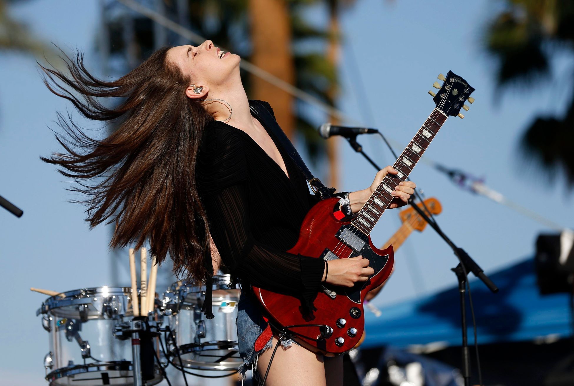 Danielle Haim of rock band Haim performs at the Coachella Music Festival in Indio, California