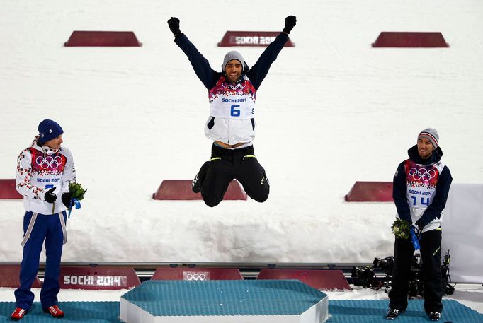 Soči 2014, biatlon, stíhačka: Ondřej Moravec, Martin Fourcade a Jean Guillaume Beatrix