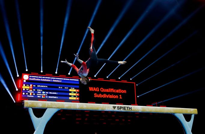 Gymnastics - 2021 European Artistic Gymnastics Championships - St. Jakobshalle, Basel, Switzerland - April 21, 2021 Germany's Sarah Voss in action during the Women's Beam