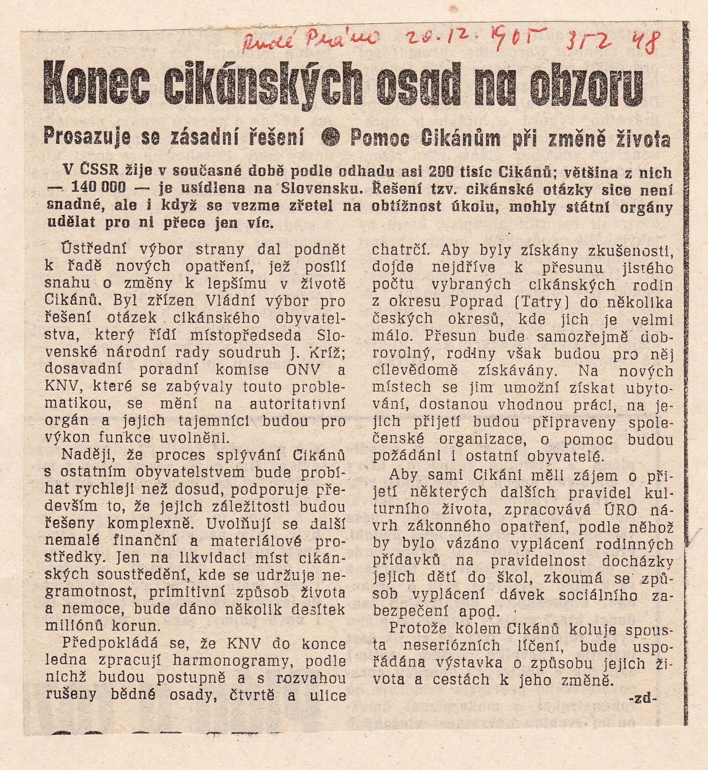 Článek v Rudém Právu ze dne 20. 12. 1965, který pojednával o možném konci romských osad.
