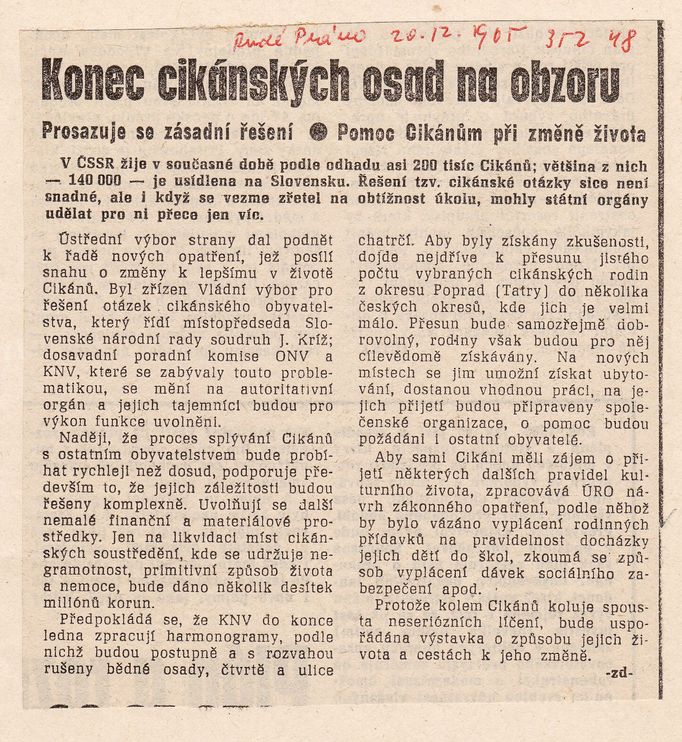 Článek v Rudém Právu ze dne 20. 12. 1965, který pojednával o možném konci romských osad.