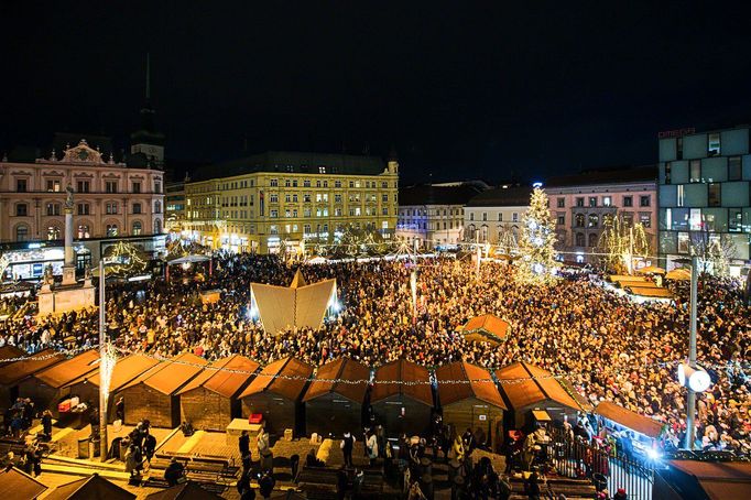 Pohled na vánoční strom v Brně na náměstí Svobody. 24. 11. 2023