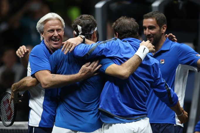 Laver Cup 2017 oslavy (Borg, Nadal, Federer, Čilič)